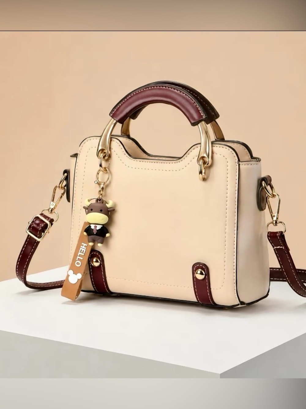 Women's Beige Satchel Crossbody Shoulder Bag Top Handle Purse Charm Keychain